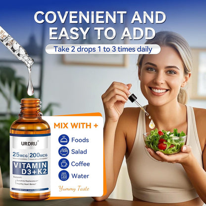 URDRU Organic Vitamin D3 K2 Liquid Drops - 1000 IU D3 & 200 mcg K2 - 30 ml Maximum Absorption Drops for Immune and Mood, Bone and Teeth Health