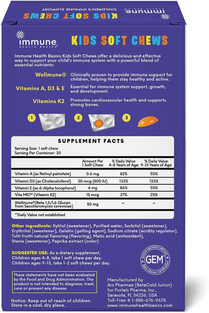 Children's Soft Chews with Wellmune® | Natural Beta Glucan Supplement for Immune Support & Daily Wellness | Free from Common Allergens & No Added Sugar | Tutti-Frutti Flavour, 30 Chews