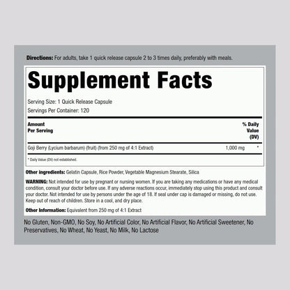 Piping Rock Goji Berry, 120 Capsules - Non-GMO, Gluten-free Supplement