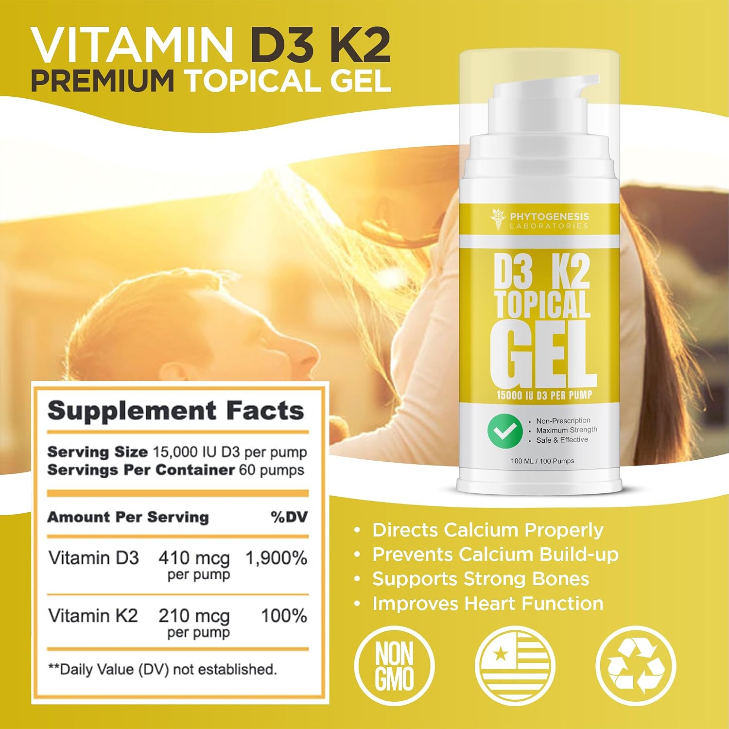 Phytogenesis Vitamin D3 K2 High Strength Topical Gel - 15000+ IU D3 & 210 mcg K2 per Pump - Immune, Bone & Joint Support - One Month Supply - görsel 4
