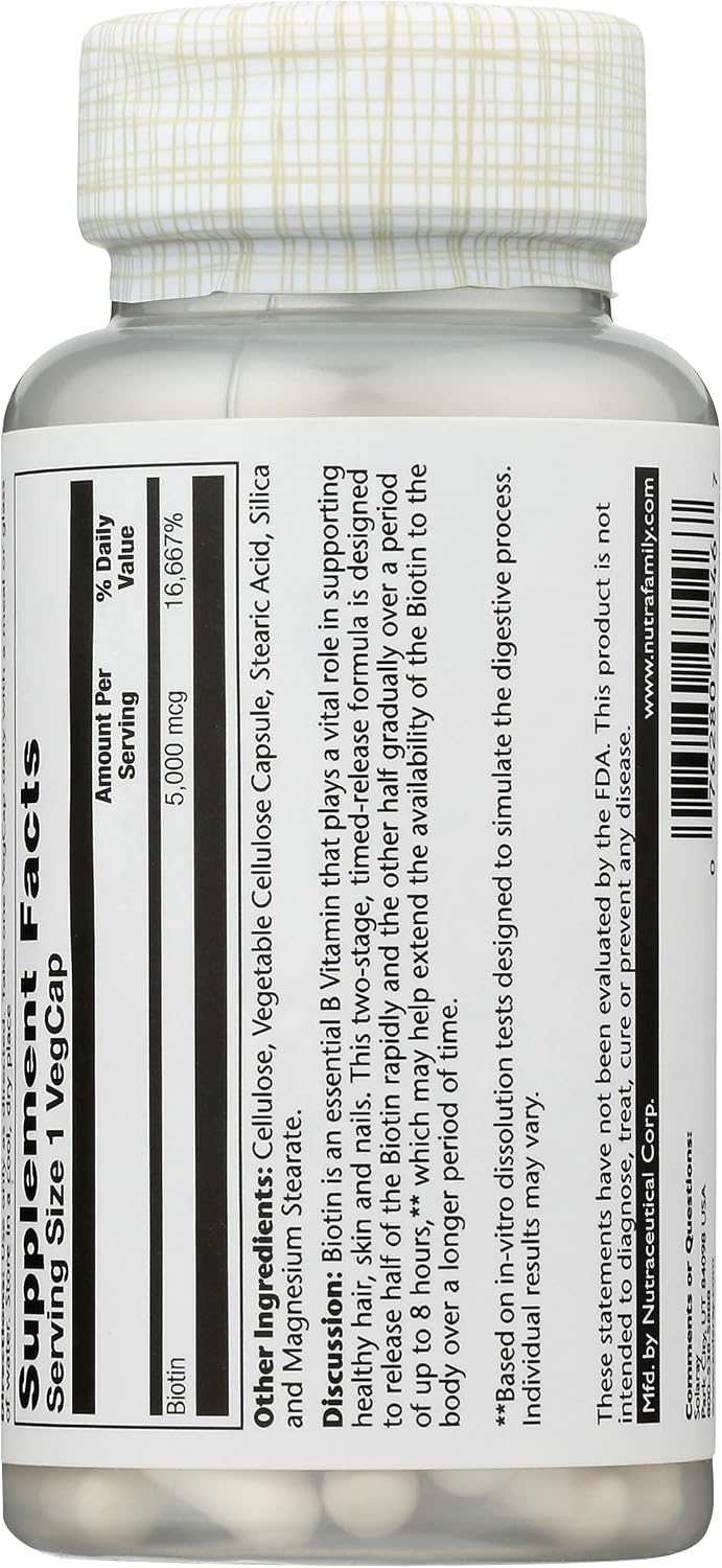 Solaray Timed-Release Biotin 5000 mcg – Hair, Skin & Nails Vegan Capsules - görsel 3