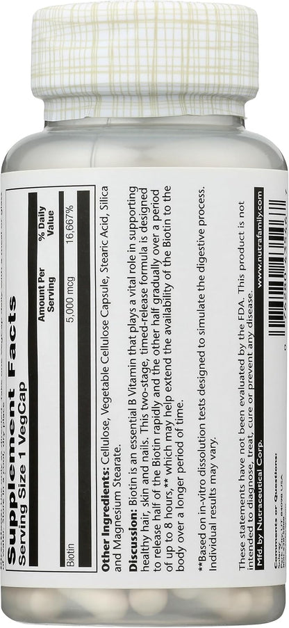 Solaray Timed-Release Biotin 5000 mcg – Hair, Skin & Nails Vegan Capsules