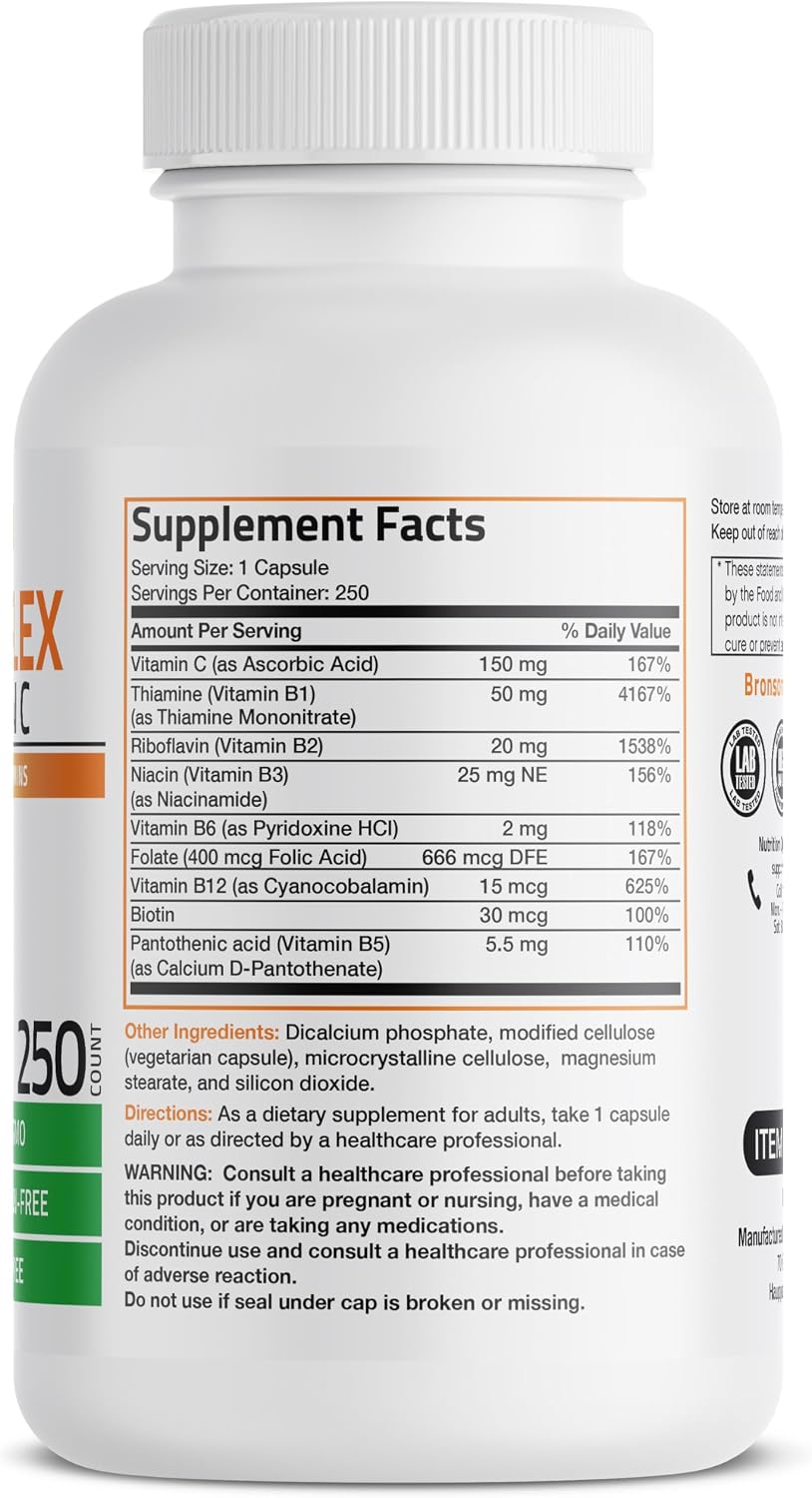 Bronson Vitamin B Complex with Vitamin C - 250 Vegetarian Capsules - görsel 2