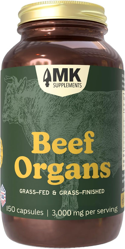 MK Supplements Grass-Fed Beef Organs Capsules | 5 Organs in Nature-Identical Ratios | B12, Copper & Haem Iron | Regeneratively Reared | 150 Capsules