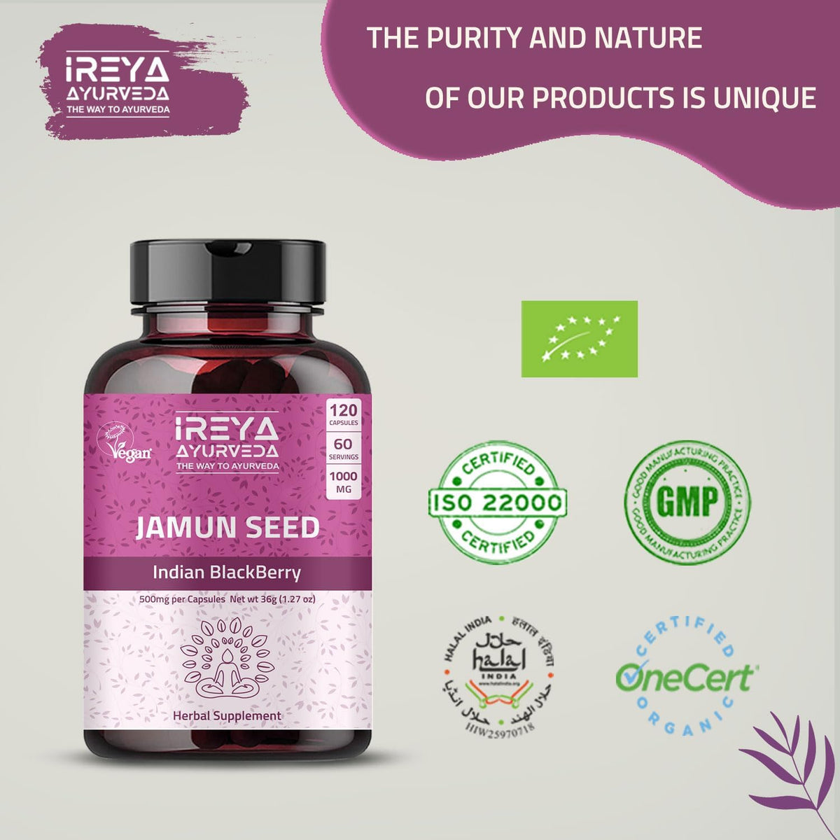 Jamun Seed Capsules – Organic Indian BlackBerry (Eugenia Jambolana) 1000mg – 90 Capsules - görsel 5