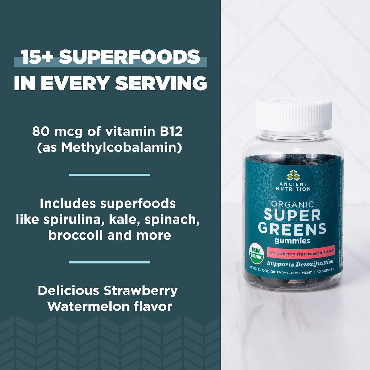Ancient Nutrition Supergreens Gummy, Organic Superfood Gummy Made from Real Fruits, Vegetables and Herbs, for Digestive and Energy Support, 100 Count, Strawberry Watermelon - görsel 3