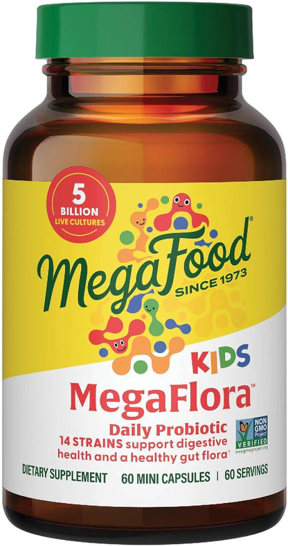 MegaFood MegaFlora Kids Probiotics - 5 Billion CFUs - Digestive Health Support - 60 Mini Capsules