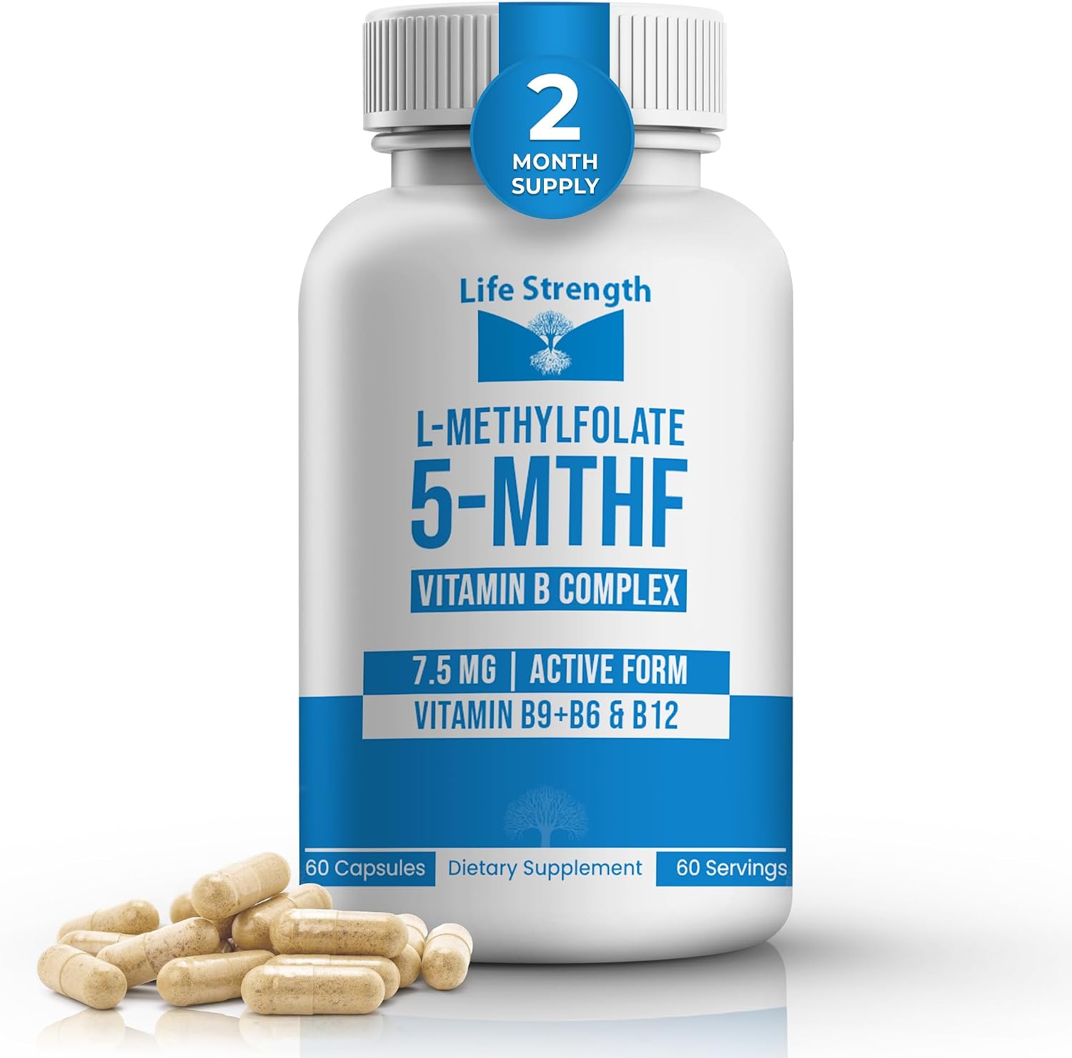 L-Methylfolate 7.5mg + Vitamin B Complex - 5-MTHF, B6 & B12 Methylcobalamin - 60 Capsules - Professional Strength Active Methyl Folate - görsel 1
