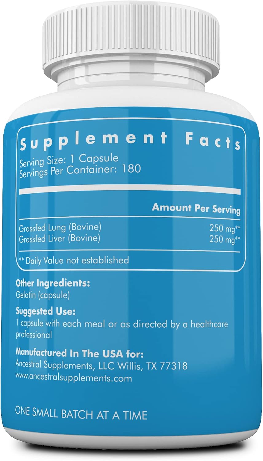 Ancestral Supplements Grass Fed Beef Lung Supplement with Liver, 500mg, 180 Capsules - görsel 2