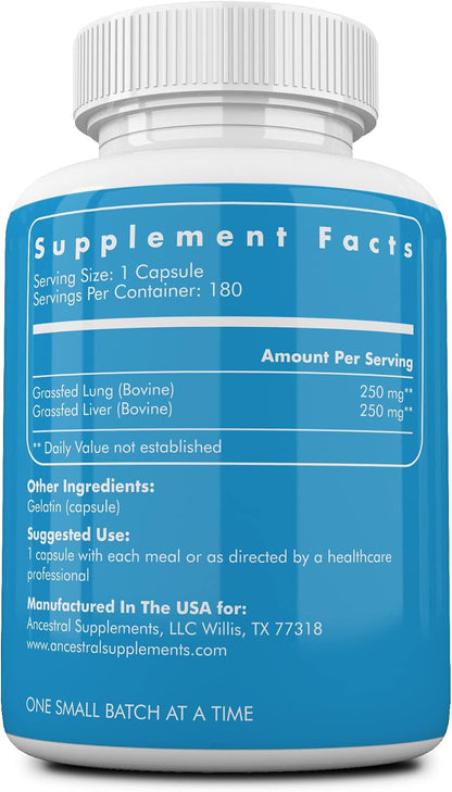 Ancestral Supplements Grass Fed Beef Lung Supplement with Liver, 500mg, 180 Capsules