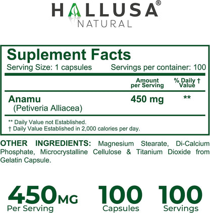 Hallusa Natural Anamu Root 450 mg – Petiveria Alliacea – Organic Anamu Capsules – Immune & Energy Support – 100 Capsules