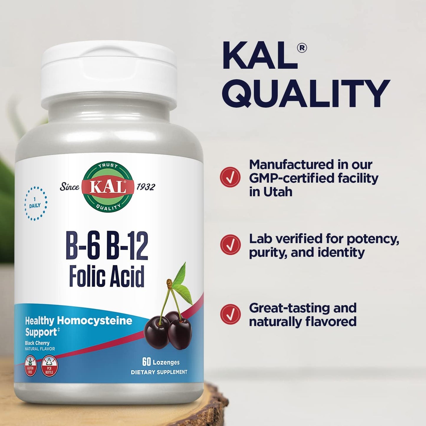 KAL Vitamin B-6, B-12, and Folic Acid Supplement - Methylcobalamin and Folate Lozenges - Natural Cherry - Gluten Free - 60 Servings - görsel 5