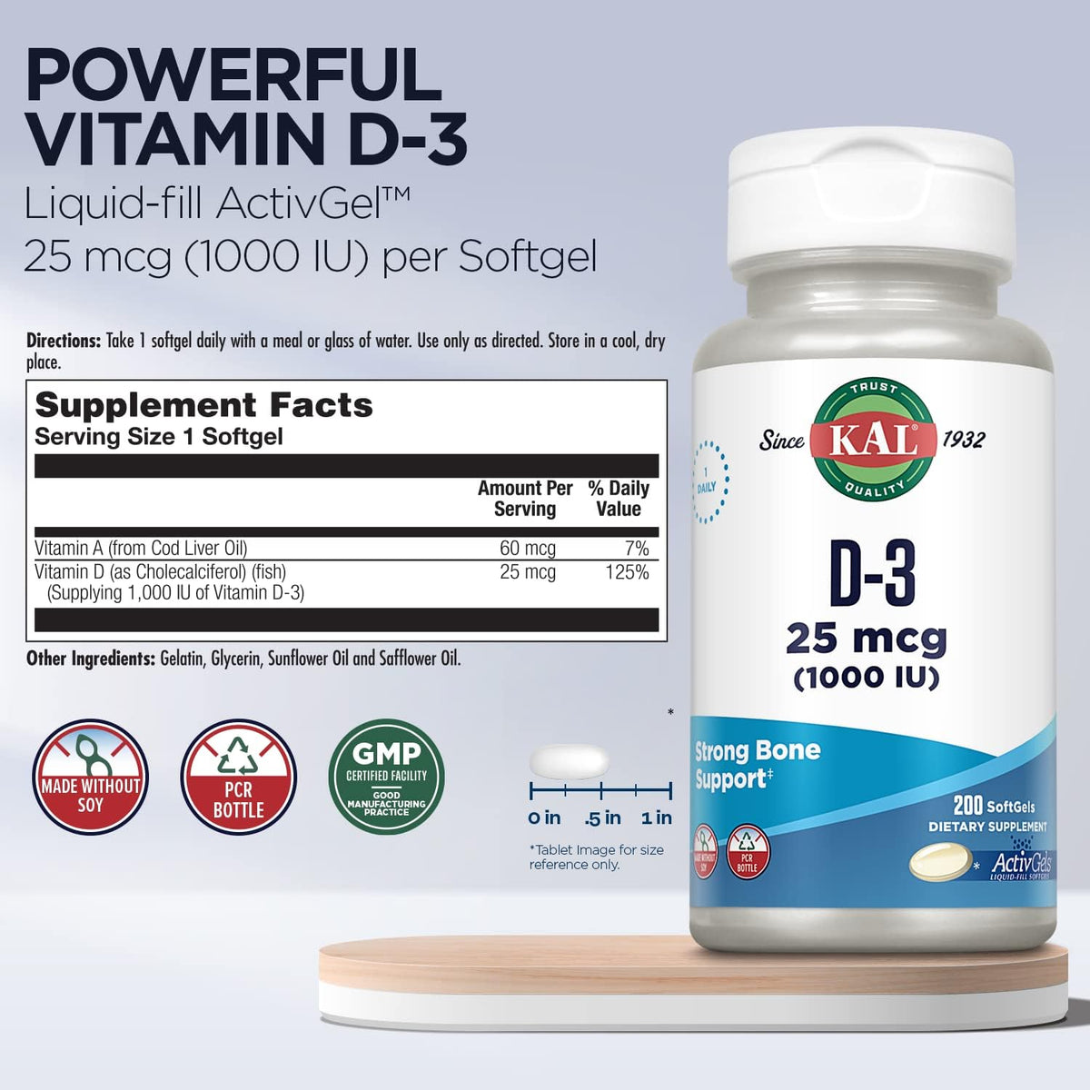 KAL Vitamin D3 1000 IU Softgels (200 Softgels) - görsel 3