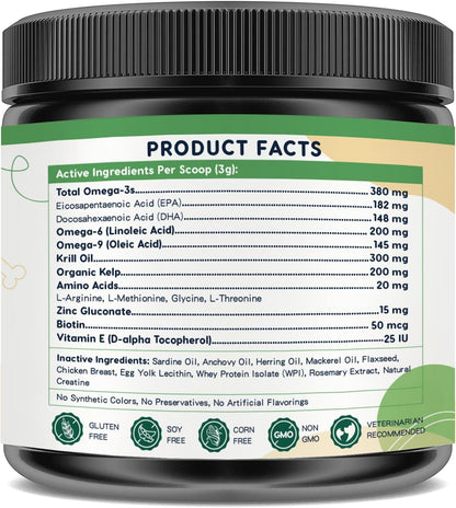 Omega-3 Fish Oil Powder for Dogs – Wild Caught with EPA, DHA, Krill Oil & Kelp