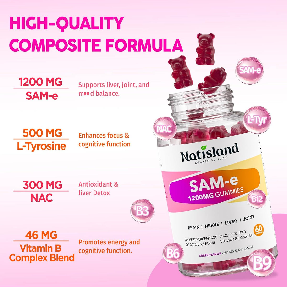 SAM-e with L-Tyrosine Gummies, Methylated B-Vitamin Complex & NAC - 60 Gummies - görsel 4