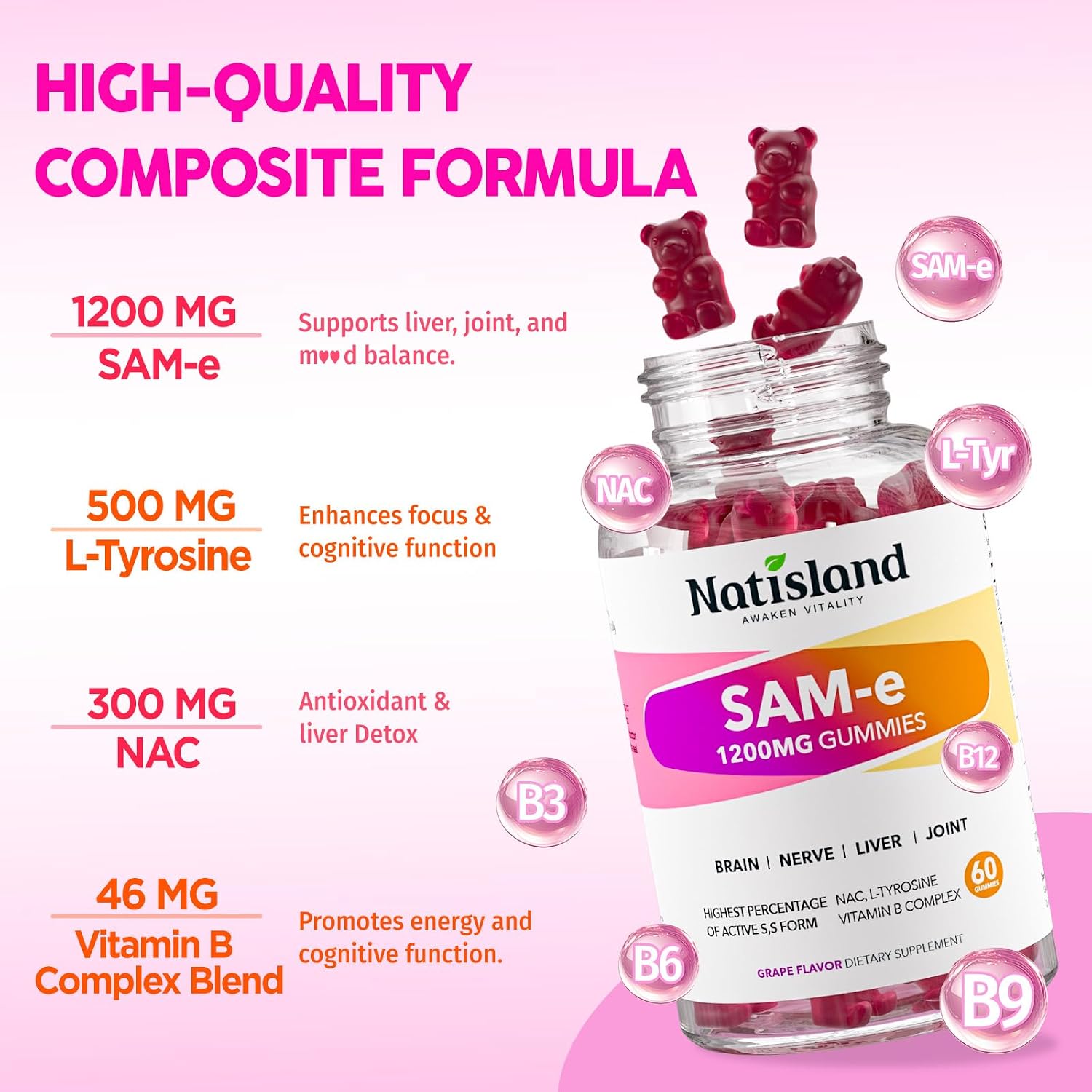 SAM-e with L-Tyrosine Gummies, Methylated B-Vitamin Complex & NAC - 60 Gummies - görsel 4