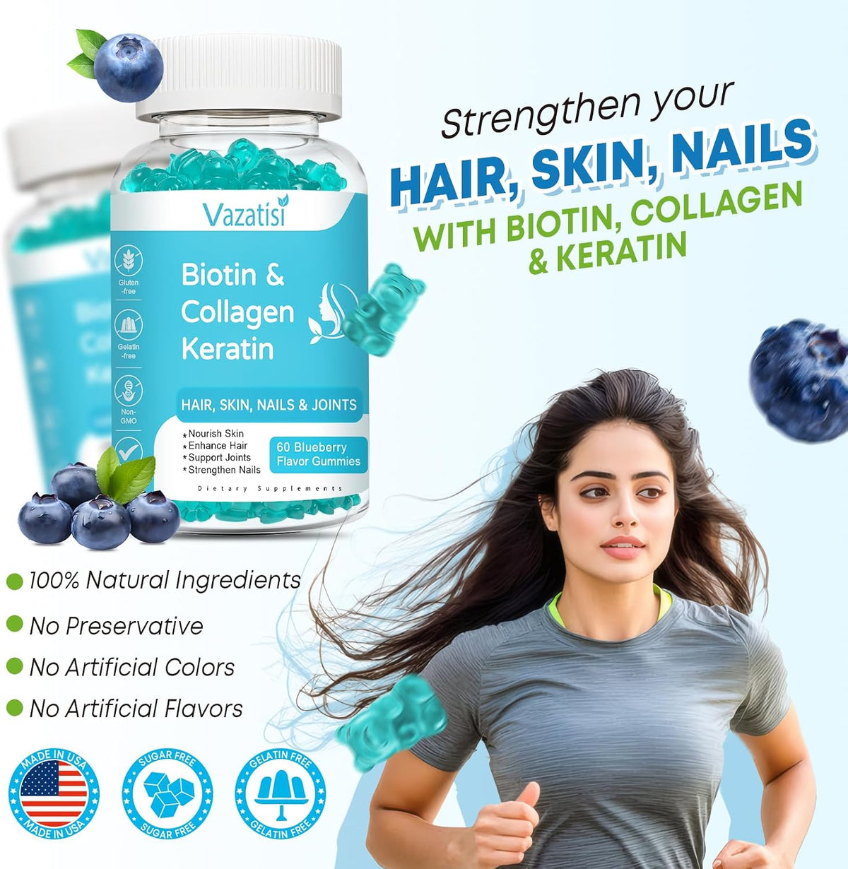 Vazatisi Biotin Gummies with Collagen & Keratin – Blueberry Flavour (60 Gummies) - görsel 4