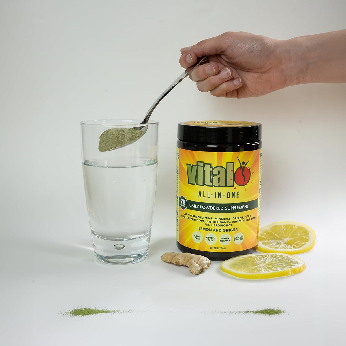 Vital All-in-One Daily Powdered Supplement - Natural Greens Superfood Powder for Energy & Wellbeing, Super Greens Powder Drink Mix with Probiotic & Antioxidant Support - Lemon & Ginger, 120 g - görsel 3