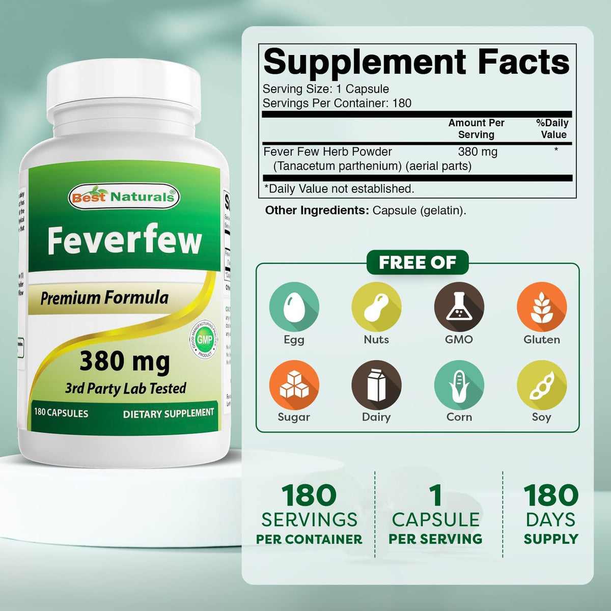 Best Naturals Feverfew 380 mg - 180 Capsules - görsel 2