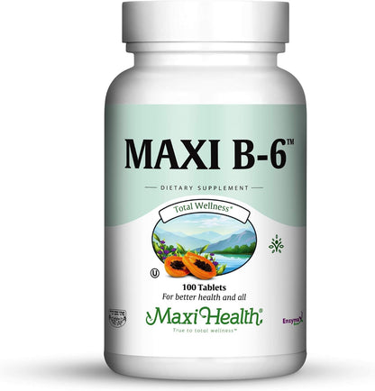 Maxi Health Vitamin B6 100 mg Tablets – Pyridoxine Hydrochloride for Nervous System and Energy Support – 200 Tablets (Pack of 2)