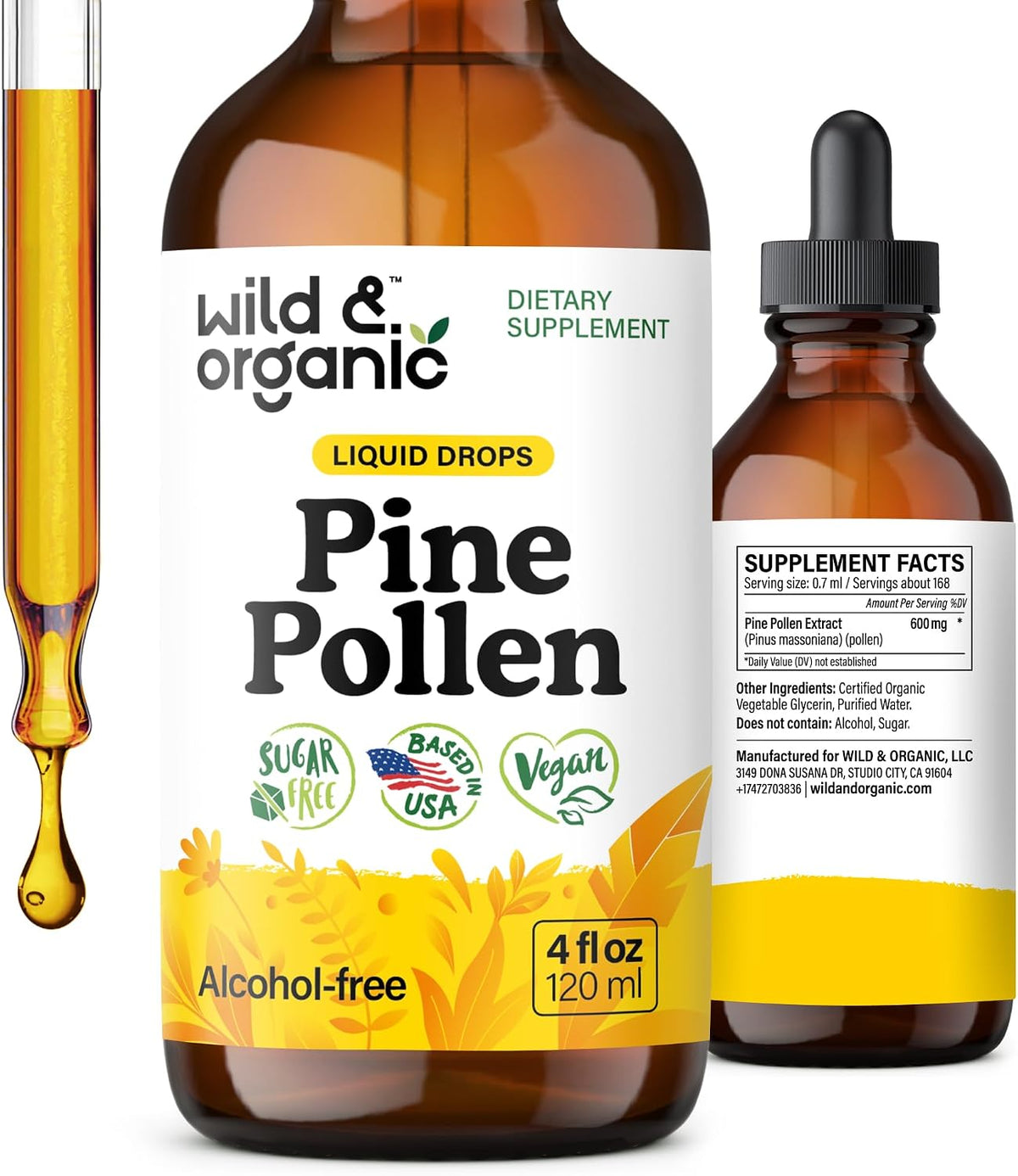 Wild & Organic Pine Pollen Tincture - Pinus Massoniana Extract Drops - Vegan, Alcohol-Free Liquid Supplement - 118 ml - görsel 1