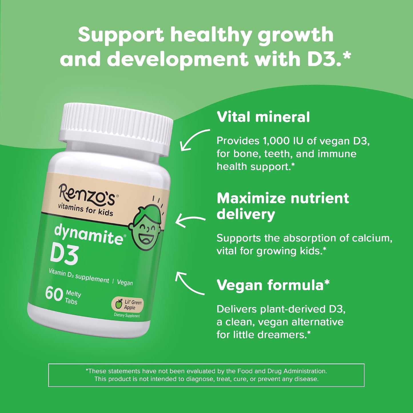 Renzo's Dynamite Vitamin D3, Dissolving Children's Vitamin D3, 60 Sugar-Free Melty Tabs, Little Green Apple Flavour - görsel 3