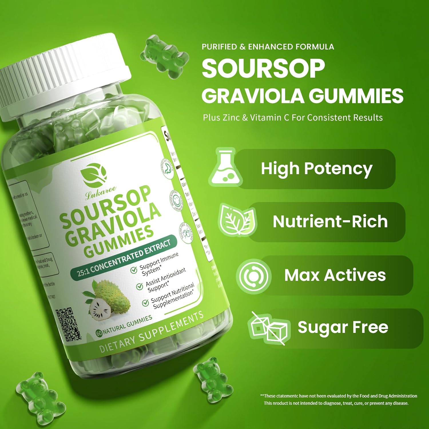 (2 Pack) Soursop Graviola Gummies - Concentrated Soursop Leaf Extract with Vitamin C, Zinc & Whole Natural Food for Immunity, Liver, Calming & Antioxidant, Sugar Free, Gluten-free, Vegan, 60 Gummies - görsel 6