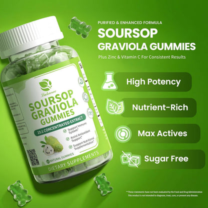 (2 Pack) Soursop Graviola Gummies - Concentrated Soursop Leaf Extract with Vitamin C, Zinc & Whole Natural Food for Immunity, Liver, Calming & Antioxidant, Sugar Free, Gluten-free, Vegan, 60 Gummies