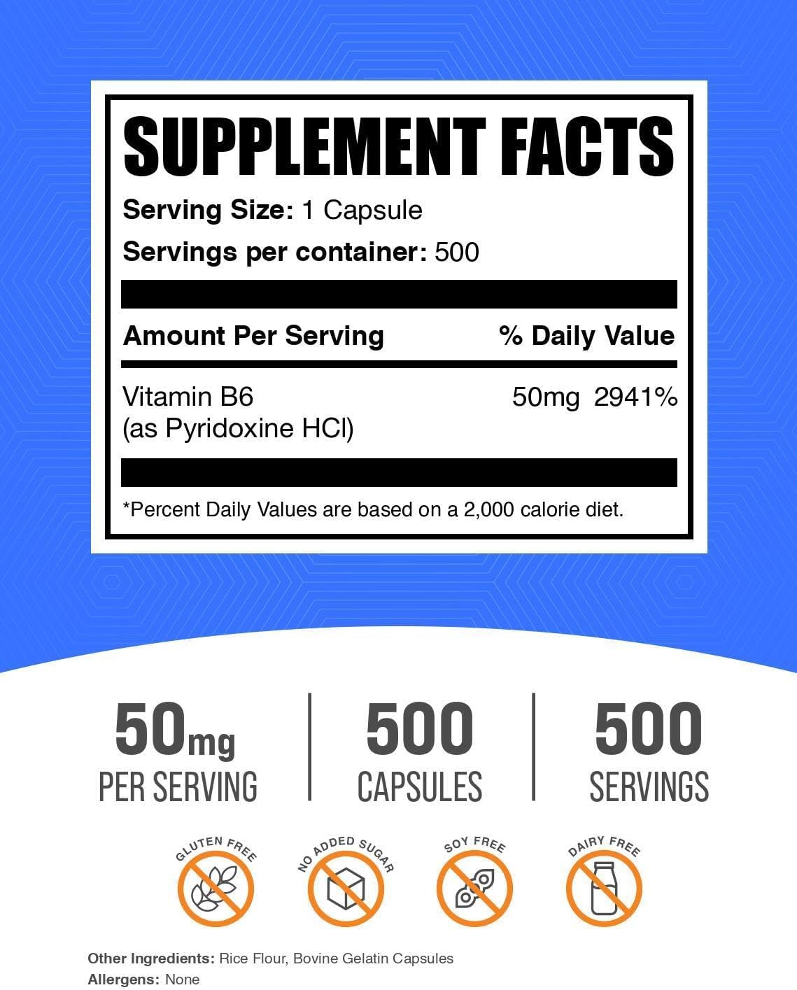 BulkSupplements Vitamin B6 50mg Capsules (Pyridoxine HCl) - 500 Count - görsel 2