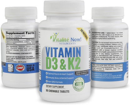 Vitalité Now! Vitamin D3 2000 IU + K2 MK7 Chewable Tablets - Cherry Flavour - 90 Tablets