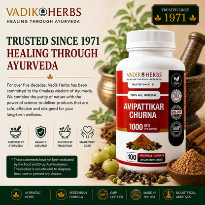Vadik Herbs Avipattikar Churna, Amla Capsules with Pippali & Ginger, 100 Capsules