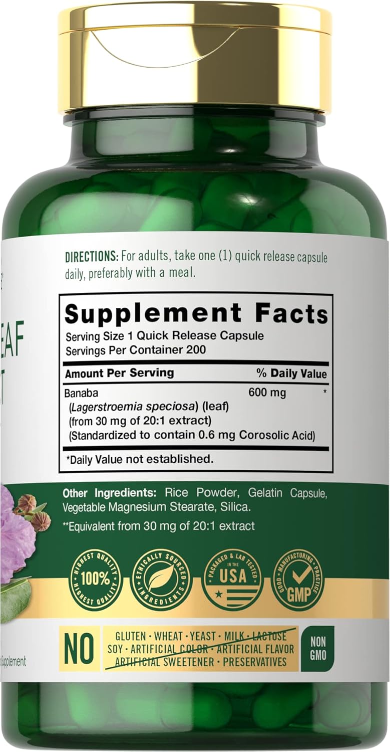 Carlyle Banaba Leaf Extract Capsules - 200 Capsules - Non-GMO & Gluten-free Supplement - görsel 2