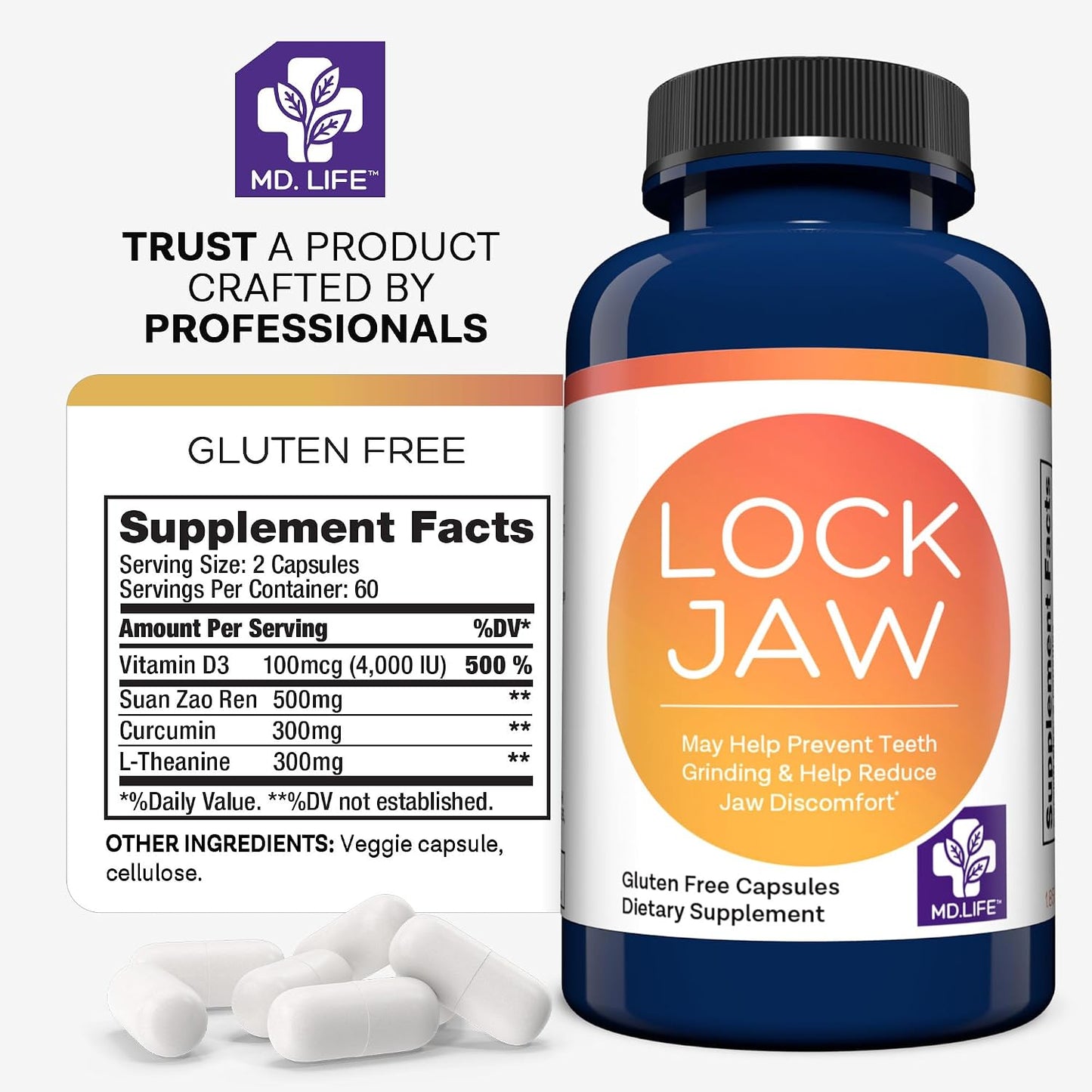 MD.LIFE Lock Jaw Assistance - Jaw Tension Relaxer Supplement with Suan Zao Ren and L-Theanine - 60 Vegan Capsules - görsel 6
