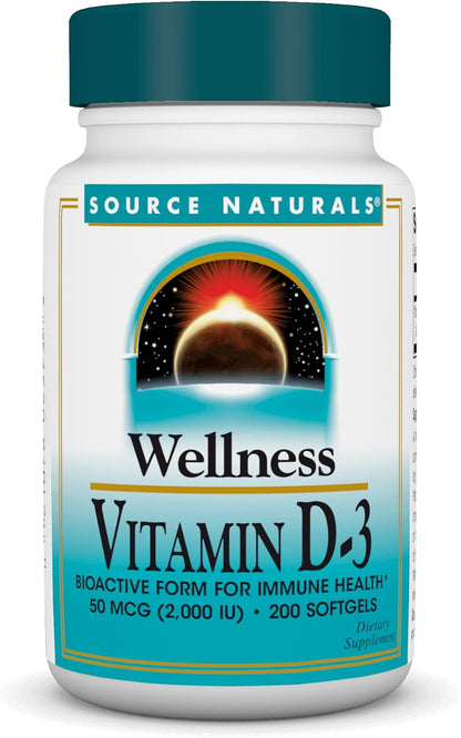 Source Naturals Wellness Vitamin D-3 2000 IU Bioactive Form for Immune Health – 200 Softgels