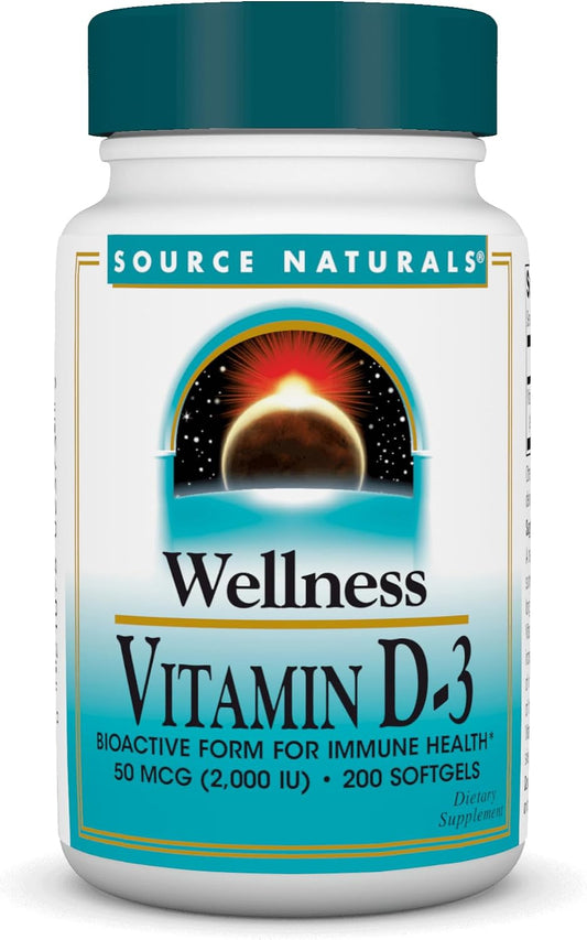 Source Naturals Wellness Vitamin D-3 2000 IU Bioactive Form for Immune Health – 200 Softgels
