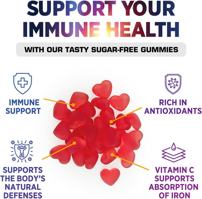Zero Sugar Vitamin C Gummies - Immune Support and Antioxidant Vitamin C Food Supplement - Vegan, Non-GMO, Dairy and Gluten-free - Raspberry Flavour for Kids and Adults - 120 Count