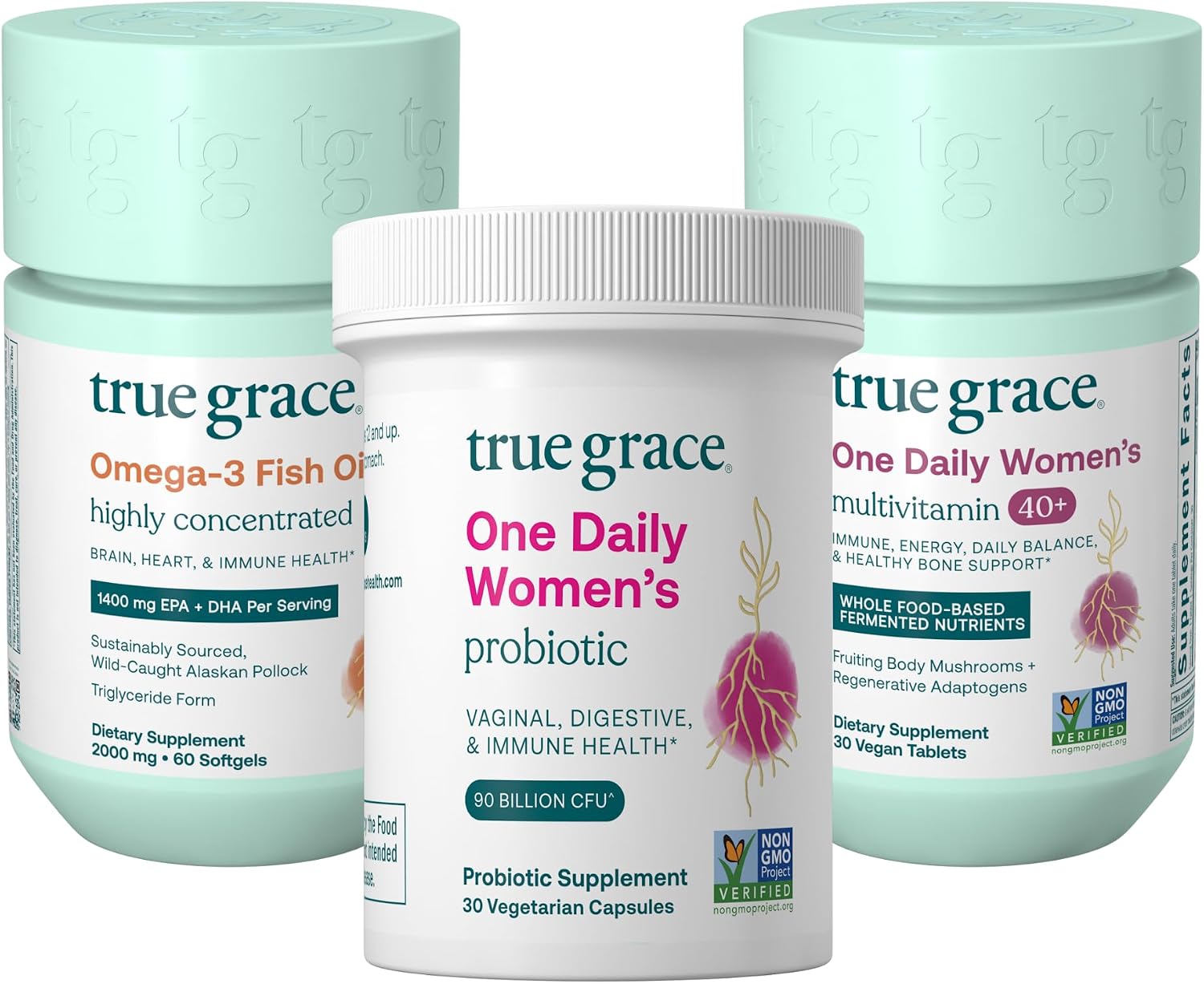 True Grace One Daily Women's Multivitamin 40+ Bundle with Omega-3 Fish Oil and Probiotic – 30-Day Supply - görsel 1