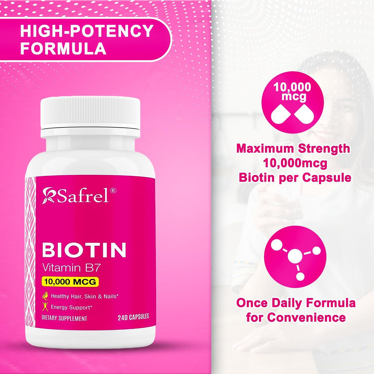 Safrel Biotin 10,000µg (10mg) Supplement, 240 Capsules – Vegetarian, Gluten-free, Non-GM - görsel 3