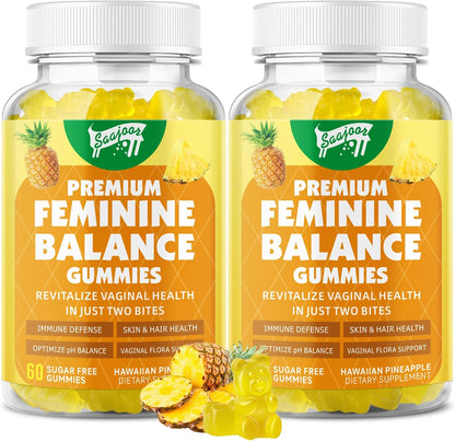 Premium Feminine Balance Gummies for Women's Immune Function, Hawaiian Pineapple Gummies Support pH Balance & Immune Function, Vegan, Gluten-free, 60 Gummies