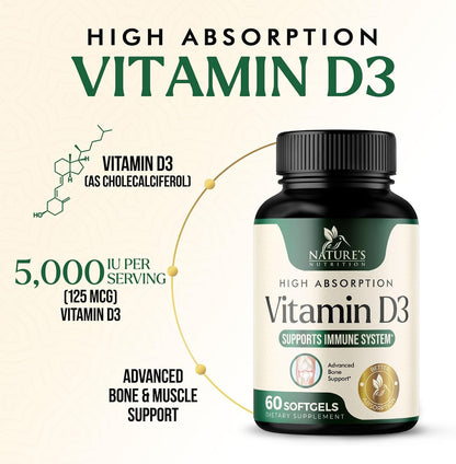 Nature's Nutrition Vitamin D3 5000 IU – High Strength Food Supplement, 60 Softgels