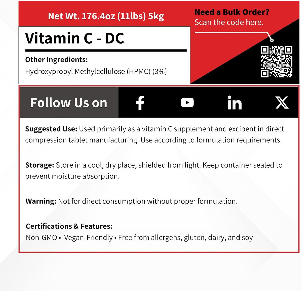 Vivion Vitamin C DC Powder - 5 kg - Ascorbic Acid & HPMC Direct Compression Excipient - görsel 5