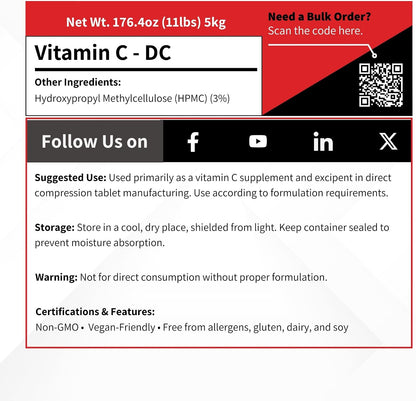 Vivion Vitamin C DC Powder - 5 kg - Ascorbic Acid & HPMC Direct Compression Excipient
