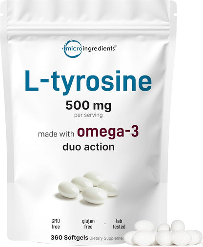 L-Tyrosine 500mg with Omega-3 from Flaxseed Oil, 360 Soft gel capsules – Brain, Mood & Heart Support