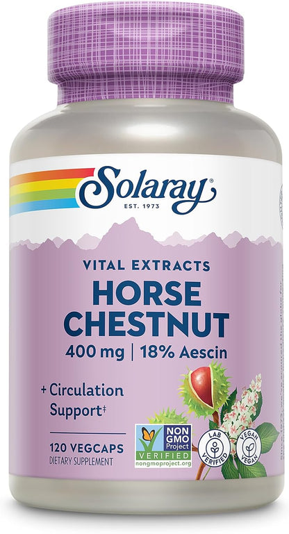 SOLARAY Horse Chestnut Extract 400 mg - Standardised to 72 mg Aescin with Butcher's Broom - Vein & Circulation Support - Vegan, Non-GMO - 120 Vegetarian Capsules