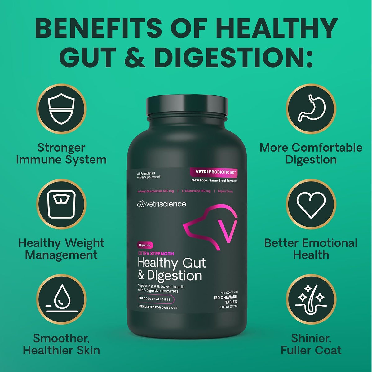 VetriScience Extra Strength Healthy Gut & Digestion Chewable Tablets – Probiotic & Enzyme Supplement for Dogs, 120 Tablets - görsel 5