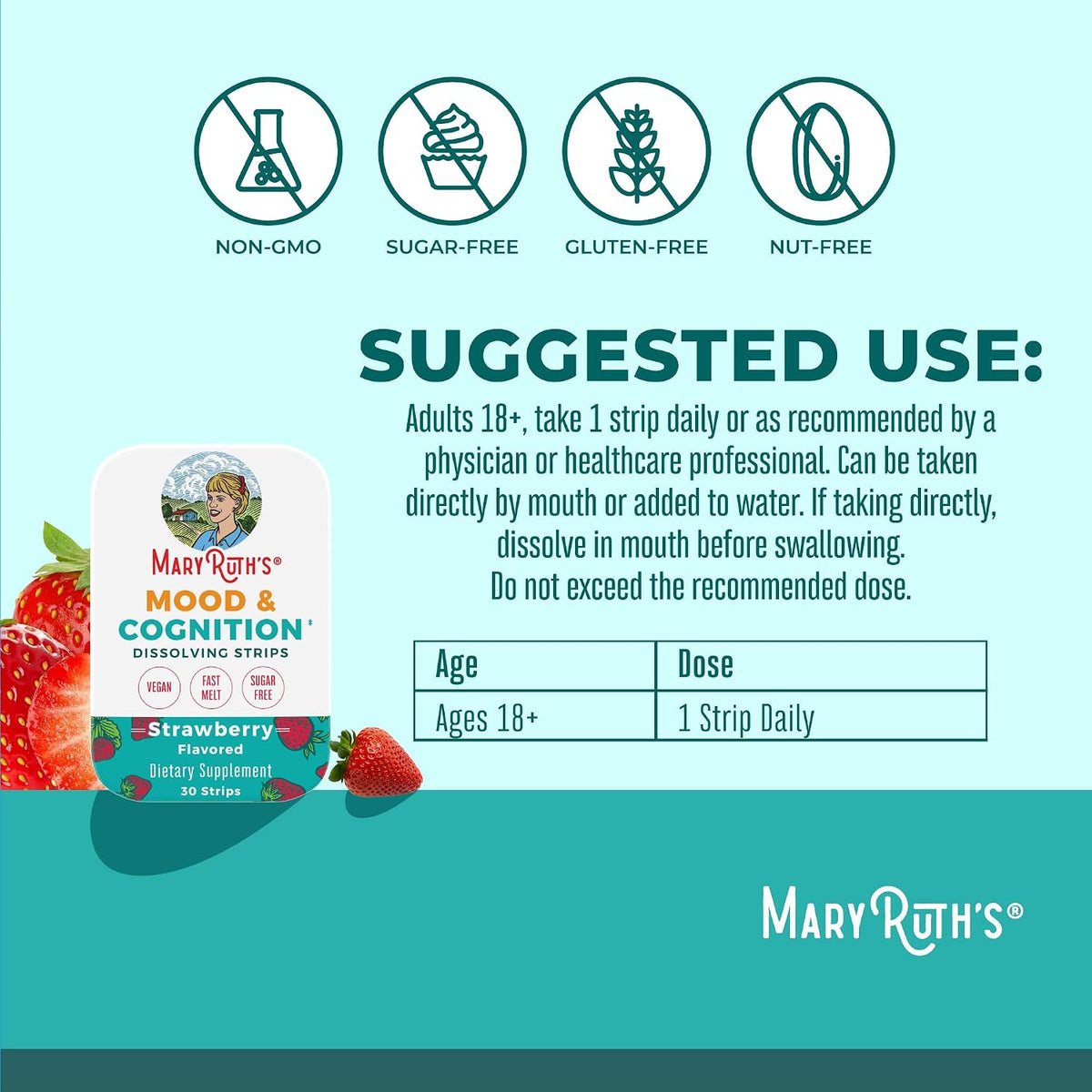 Mood & Cognition Dissolving Strips by MaryRuth's | Vitamin B12 | Vitamin B6 | Saffron | Folate | B Vitamins | Sugar Free | Strawberry Flavour | Vegan | Gluten-free | Dairy-free | 30 Strips - görsel 3