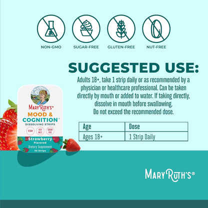 Mood & Cognition Dissolving Strips by MaryRuth's | Vitamin B12 | Vitamin B6 | Saffron | Folate | B Vitamins | Sugar Free | Strawberry Flavour | Vegan | Gluten-free | Dairy-free | 30 Strips
