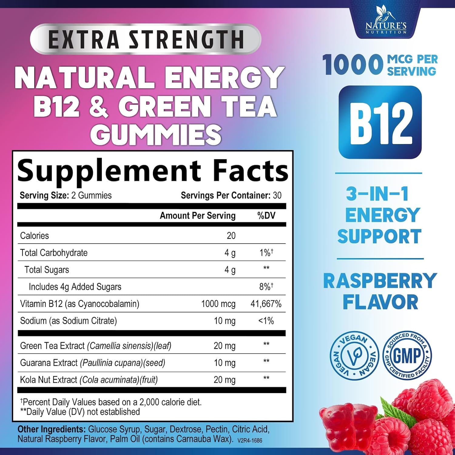 Energy Gummies with Vitamin B12 & Green Tea Caffeine - Berry Flavour - 60 Count - görsel 2