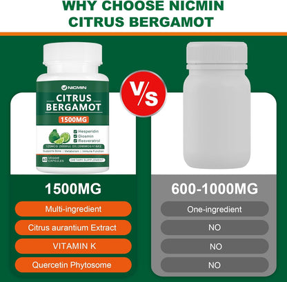 NICMIN Citrus Bergamot 1500mg with Hesperidin, Diosmin, Resveratrol, Vitamin D3, K1 & K2 - Supplement for Heart & Bone Health, 60 Vegetable Capsules