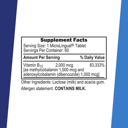 NO Shot Advanced B-12 2000 mcg - Vitamin B12 Food Supplement with Methylcobalamin & Adenosylcobalamin - 60 Sublingual Dissolving Tablets